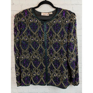 LAURENCE KAZAR vintage black silk multicolor sequins beads pearl blazer XXL